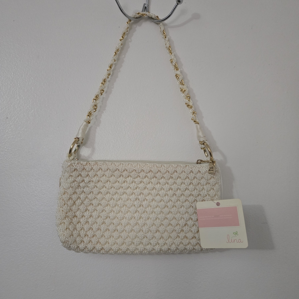 Lina Cream Crocheted Shoulder Bag Gold Chain Strap NWT